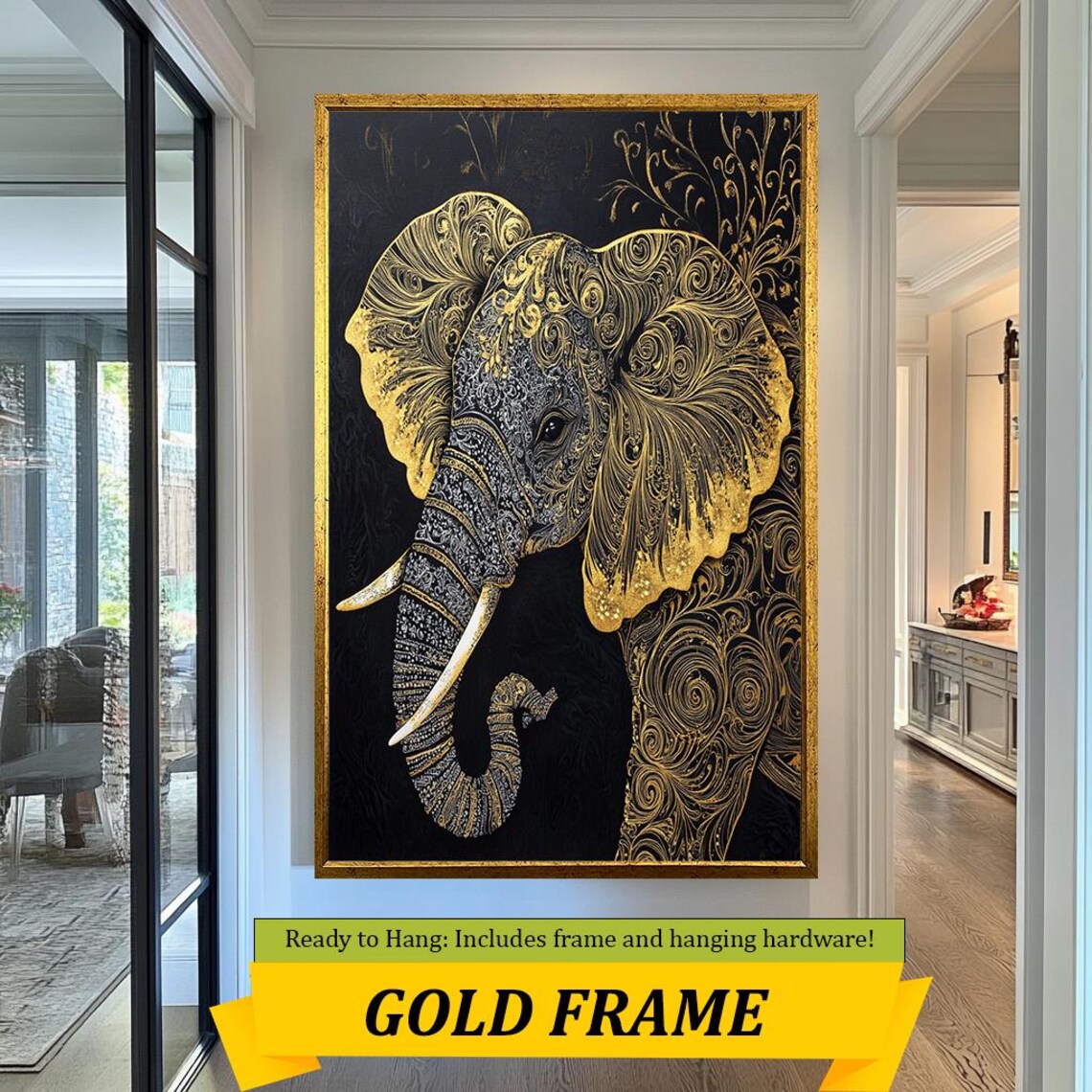 Elegant Gold Elephant on Black Ornate Filigree Intricate Wildlife Poster - Image 3