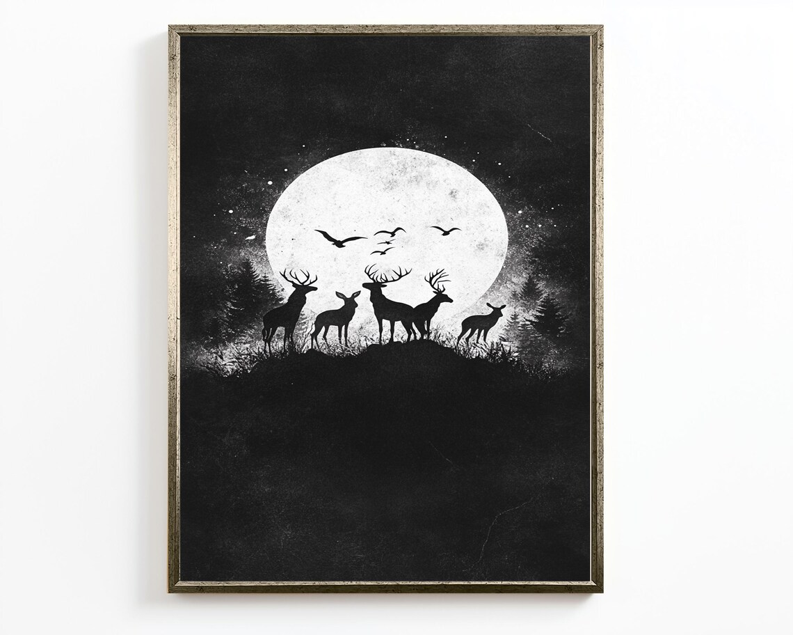 Deer Herd Silhouette Full Moon Black And White Forest Night Wall Art Poster - Image 2