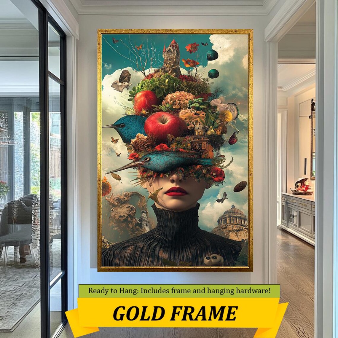 Surreal Floral Portrait Woman Birds Apples Dreamlike Fantasy Wall Art - Image 3