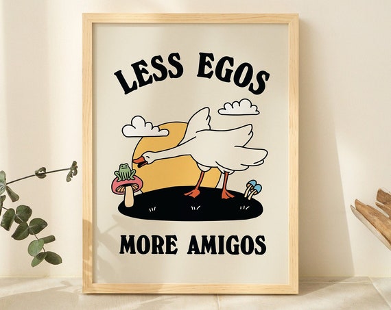 Friendly Goose Wall Print Retro Frog Illustration 70s Print Cottagecore Positive Quote Cute Wall Print Kids Room