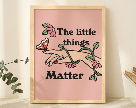 Framed Retro Butterfly Wall Print Cute Plants Wall Art Wall Decor Gift Large Art Print Pastel Pink White Black Natural Wooden Frame