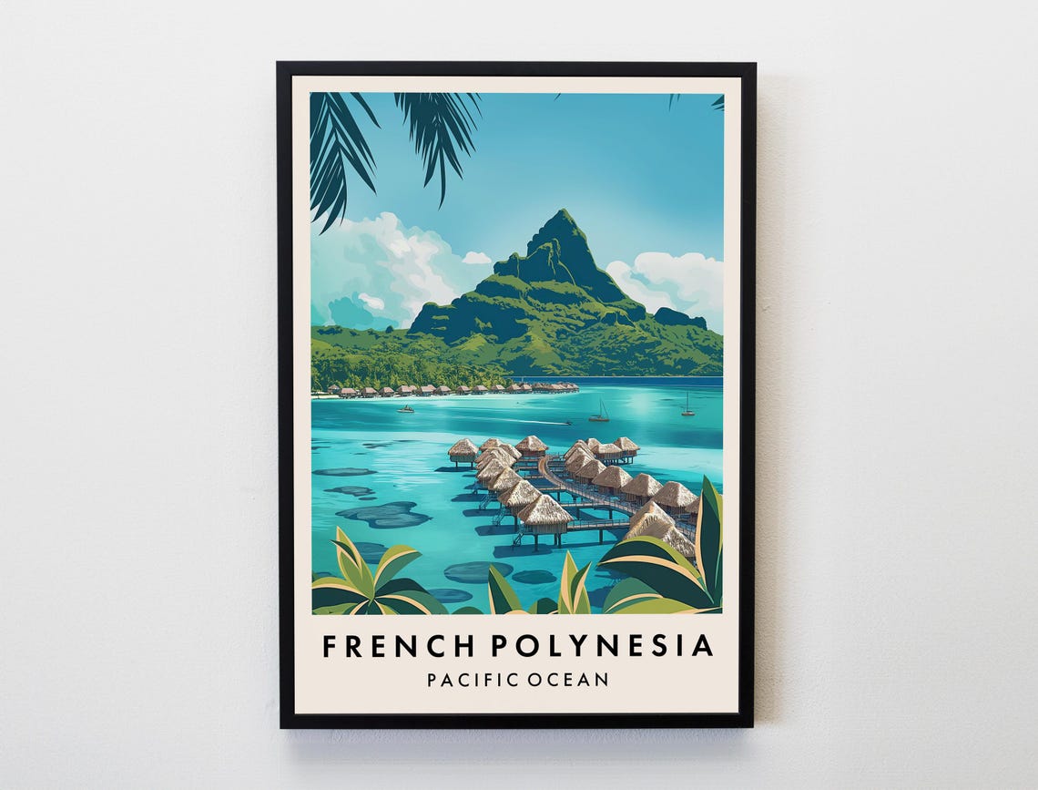 French Polynesia Overwater Bungalows Lagoon Peak Vintage Travel Poster