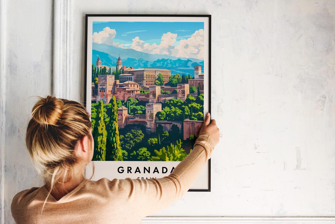 Granada Palace View With Cypress Trees And Hills Vintage Spain Poster - Image 2