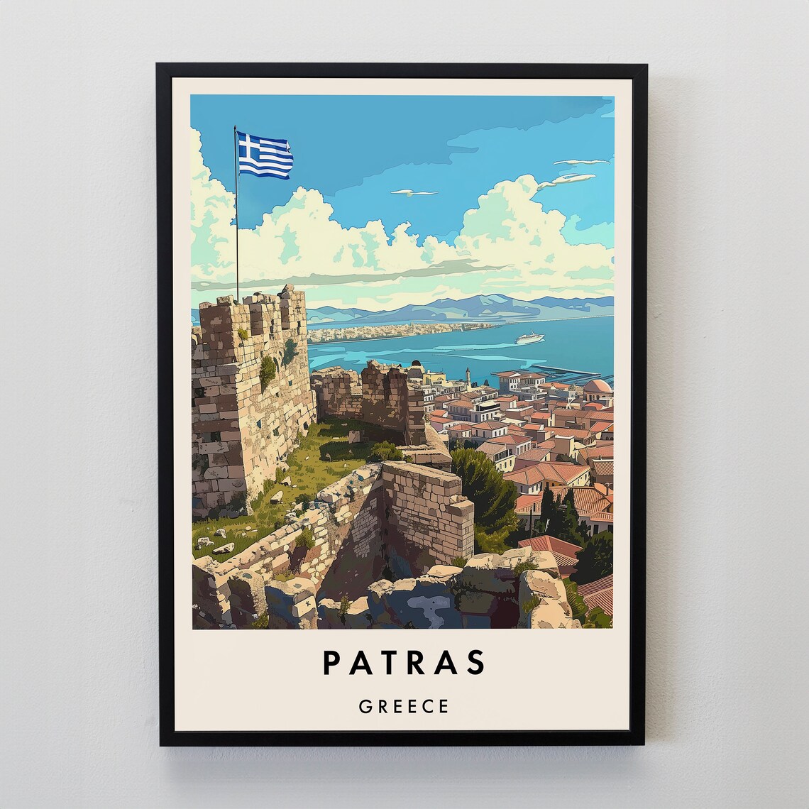 Patras Greece Castle Harbor Greek Flag Vintage Travel Art Poster