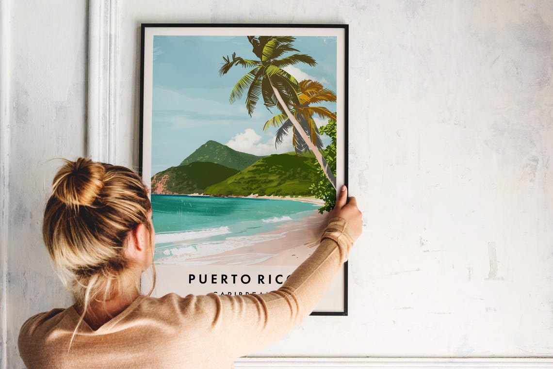 Puerto Rico Leaning Palm Beach Green Peaks Caribbean Travel Poster - Image 2