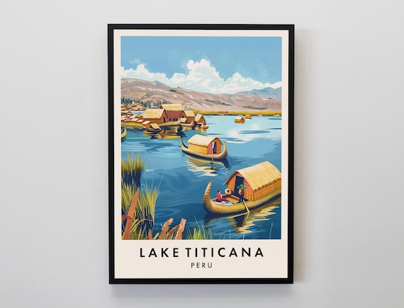 Lake Titicaca Peru Reed Boats Vintage Retro Travel Poster Art