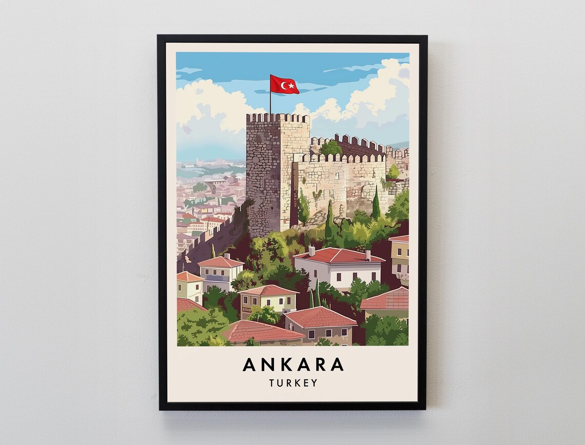 Ankara Castle Turkish Flag Vintage Style Daytime Travel Poster