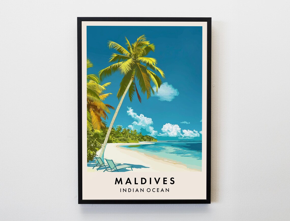Maldives Indian Ocean Tropical Palm Beach Paradise Travel Poster