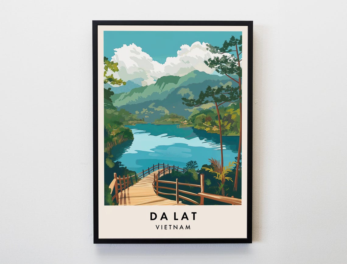 Da Lat Vietnam Mountain Lake Wooden Walkway Retro Travel Poster