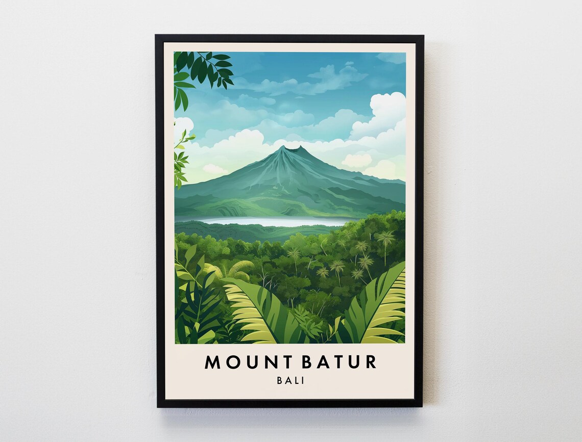 Mount Batur Bali Volcano Jungle Travel Art Illustration Poster