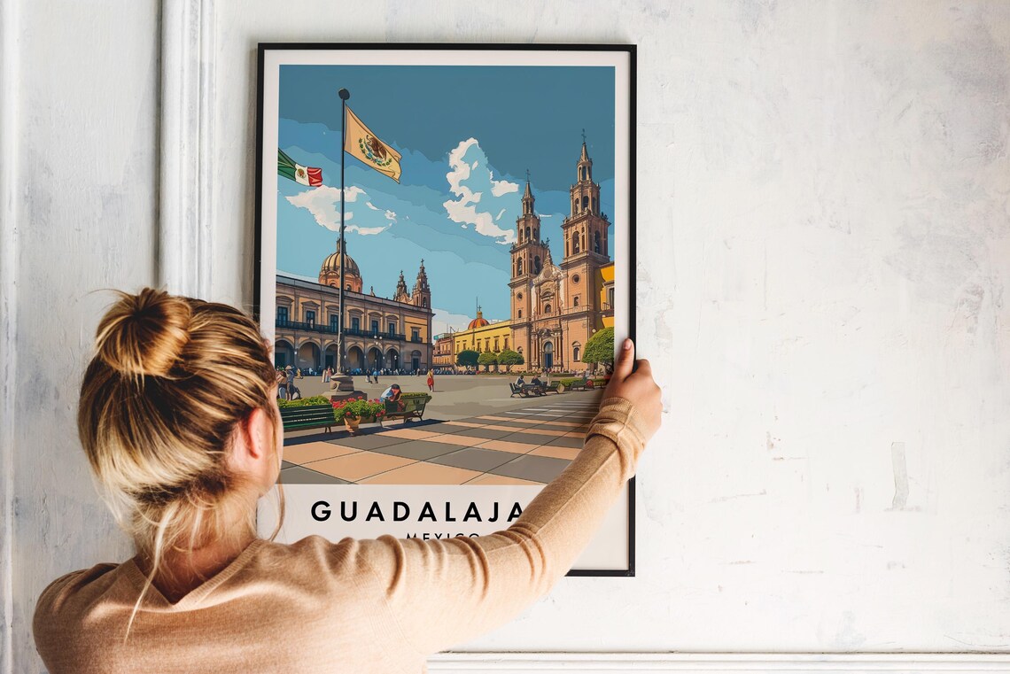 Guadalajara Mexico Travel Poster with Cathedral Plaza Street View - Image 2