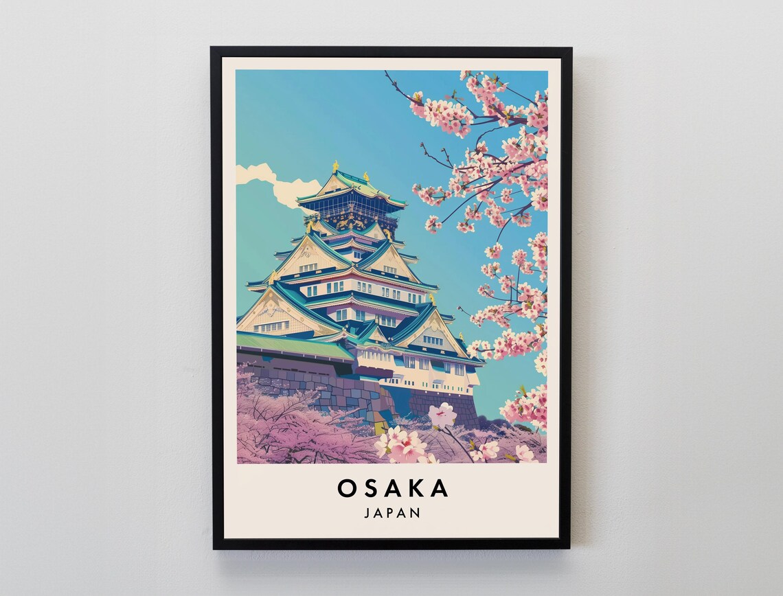 Osaka Japan Castle Cherry Blossom Vintage Illustration Poster
