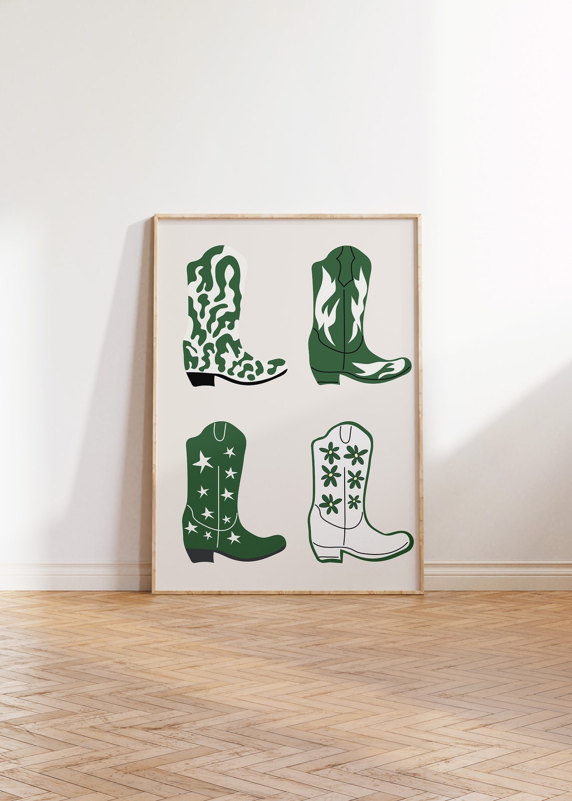 Green Cowboy Boots Quartet Leopard Stars Floral Western Decor Poster - Image 4