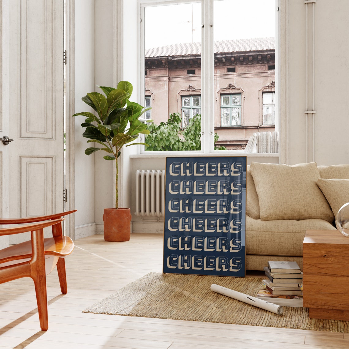 Cheers Retro Cream On Navy Bold Bar Cart Typography Decor Poster - Image 3