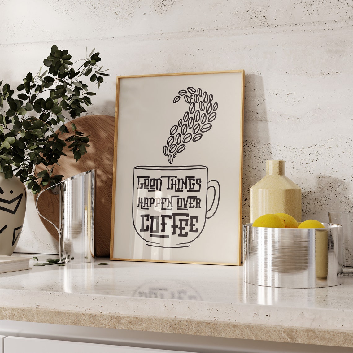 Good Things Happen Over Coffee Minimal Line Art Kitchen Poster - Image 2