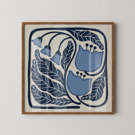 Retro Flower Print Blue Botanical Wall Art Digital Download Square