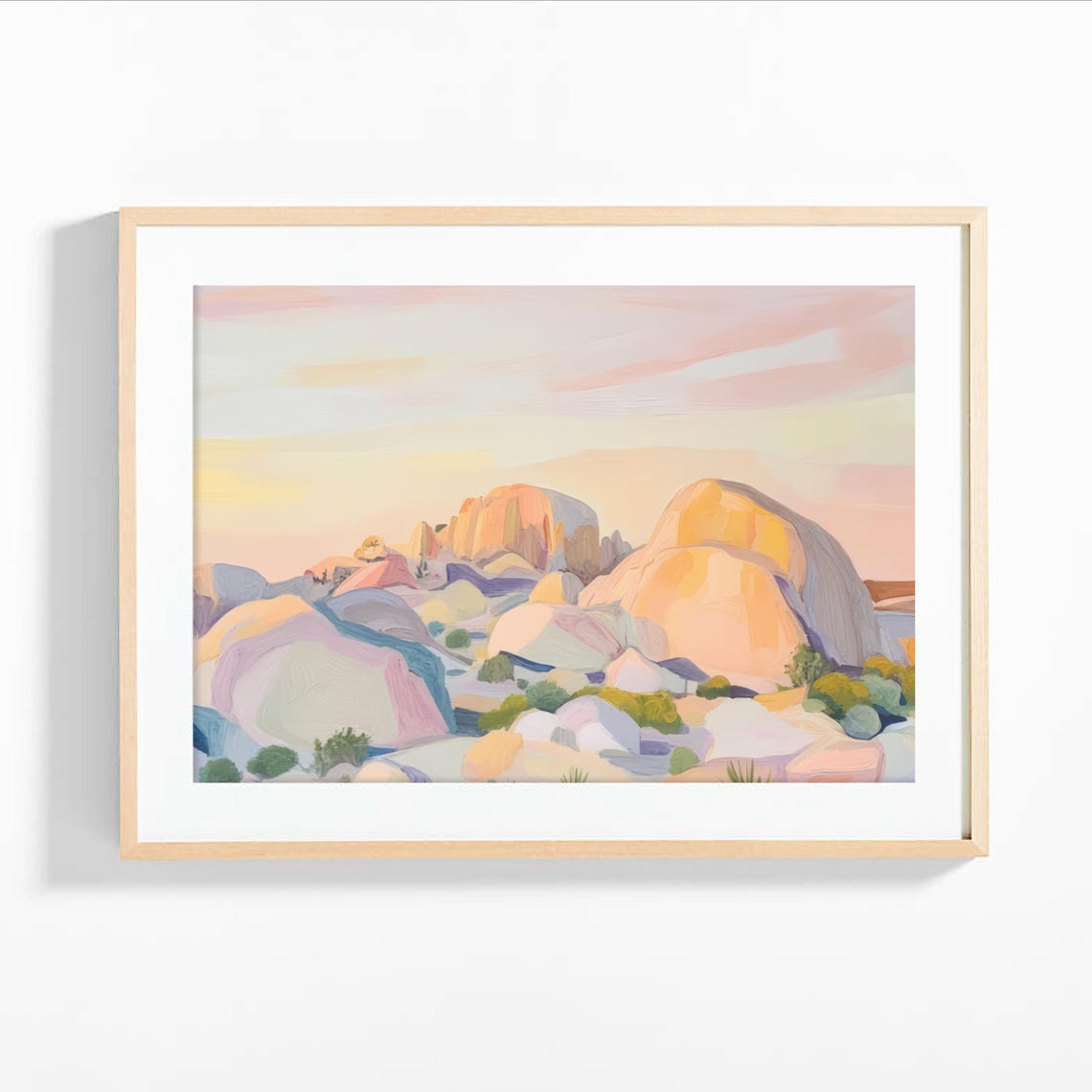 Pastel Desert Rock Formation Boulders Soft Sunrise Landscape Print