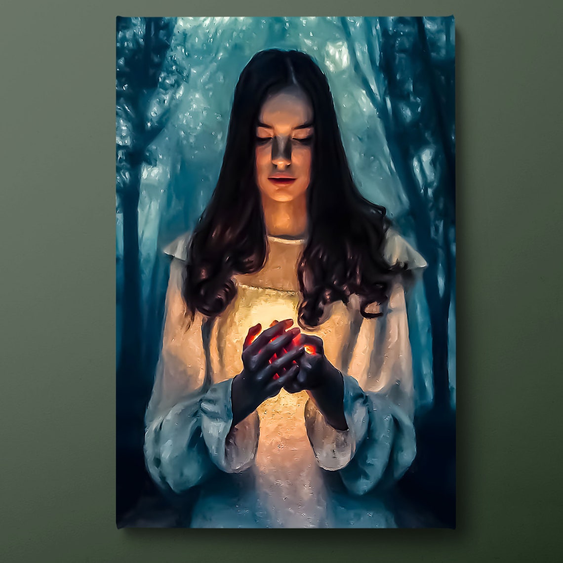 Mystical Woman Holding Ember In Blue Forest Fantasy Art Poster