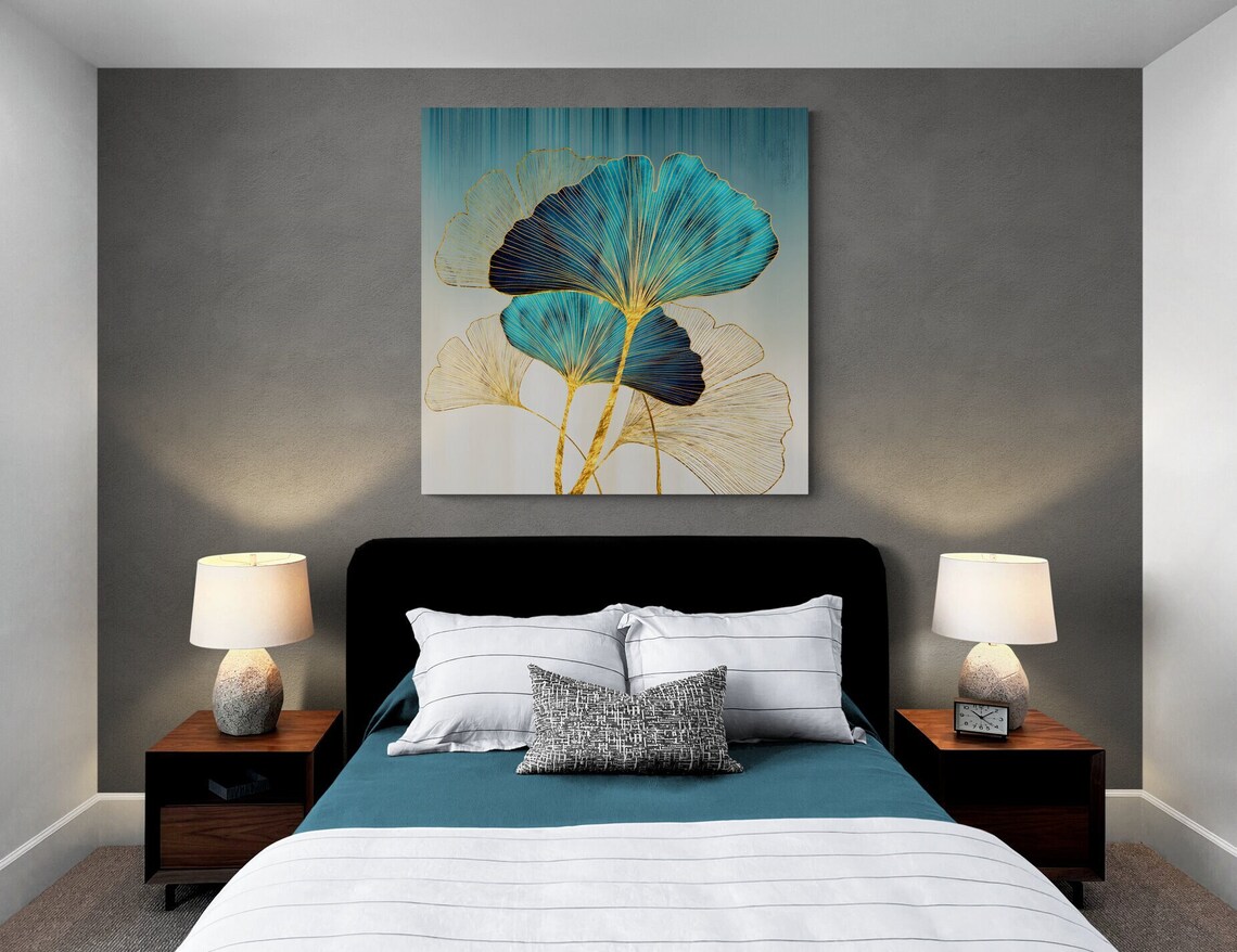 Ginkgo Flower Art Print, Gold Blue Botanical Design - Image 2