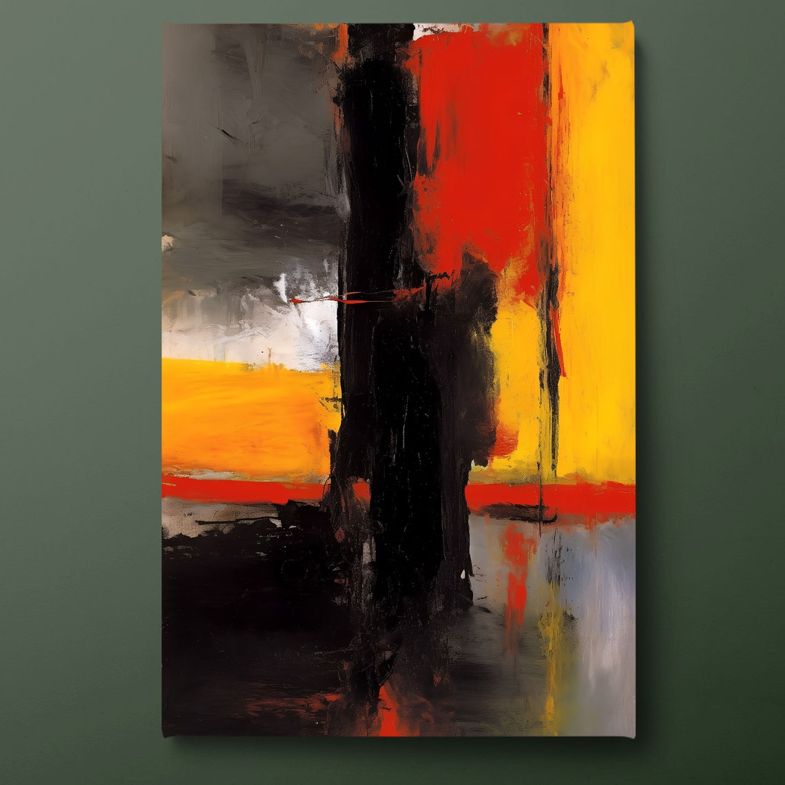 Black Red Amber Vertical Flames Expressionist Abstract Fire Art Poster