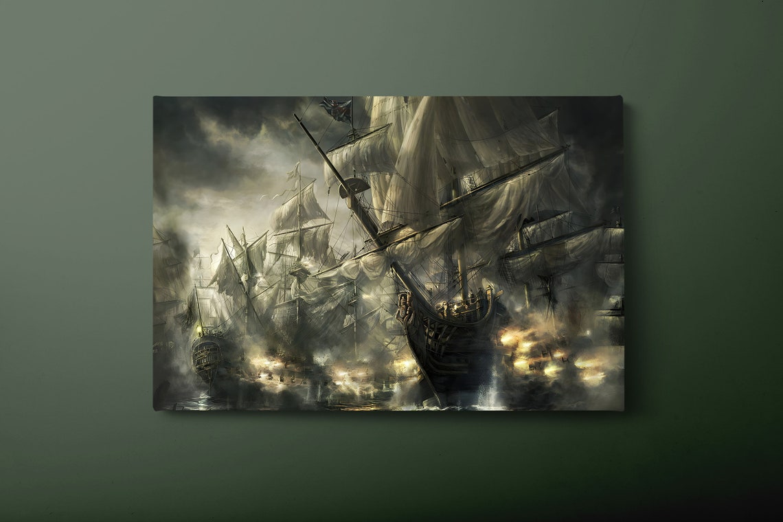 Tall Ships Naval Battle Cannon Fire Dramatic Sea Battle Art Poster