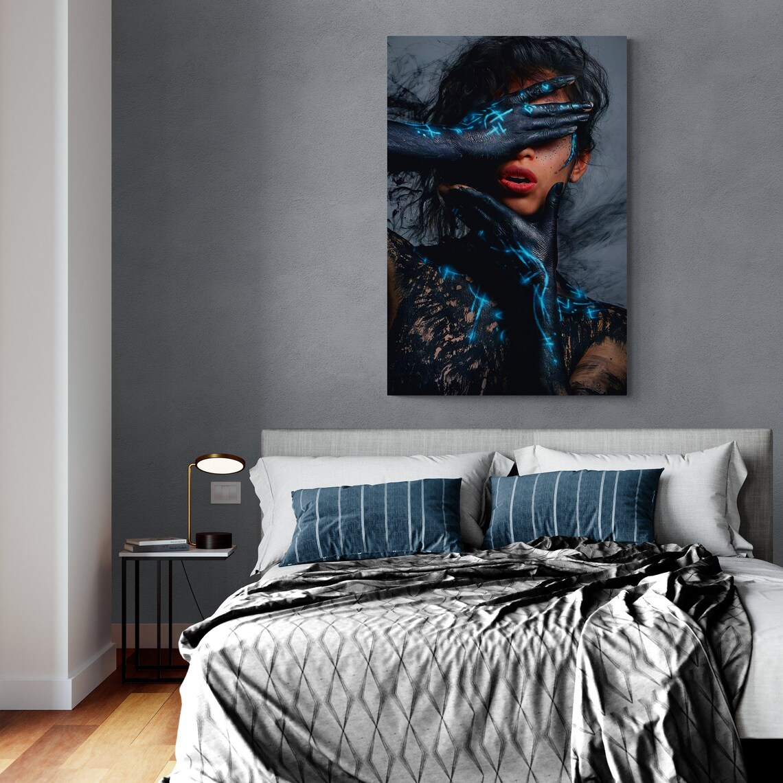 Mystical Woman With Blue Painted Hands Covering Face Smoky Portrait Art - Image 2