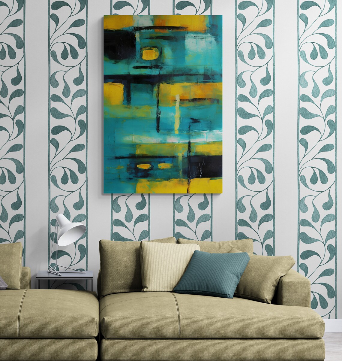 Turquoise Gold Geometric Blocks Mid Century Modern Abstract Art Poster - Image 2
