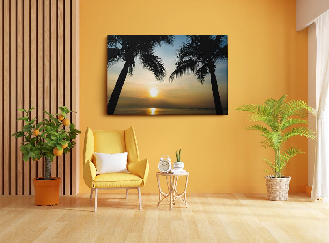 Twin Palm Trees Silhouette Over Golden Ocean Sunset Beach Poster - Image 2
