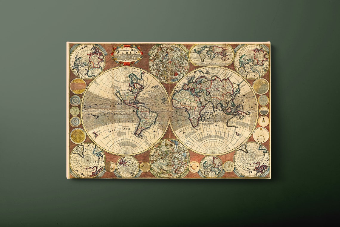 Vintage World Map Antique Geographic Chart Classic Travel Poster