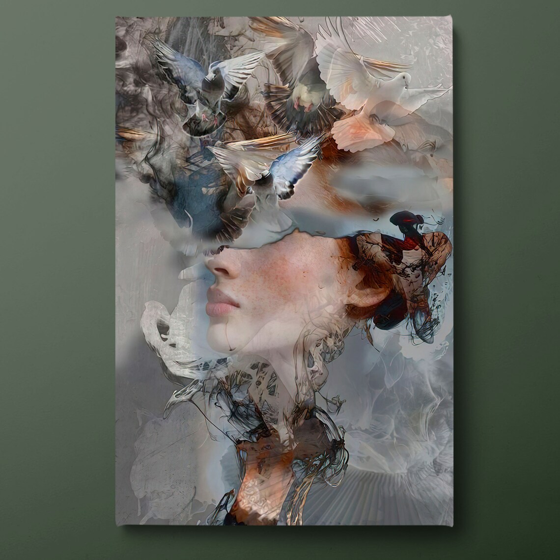 Surreal Woman Face and Birds Abstract Wall Art Print