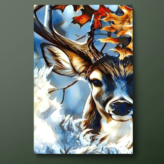 Red Deer Stag Portrait In Snow With Autumn Leaves Winter Wildlife Art