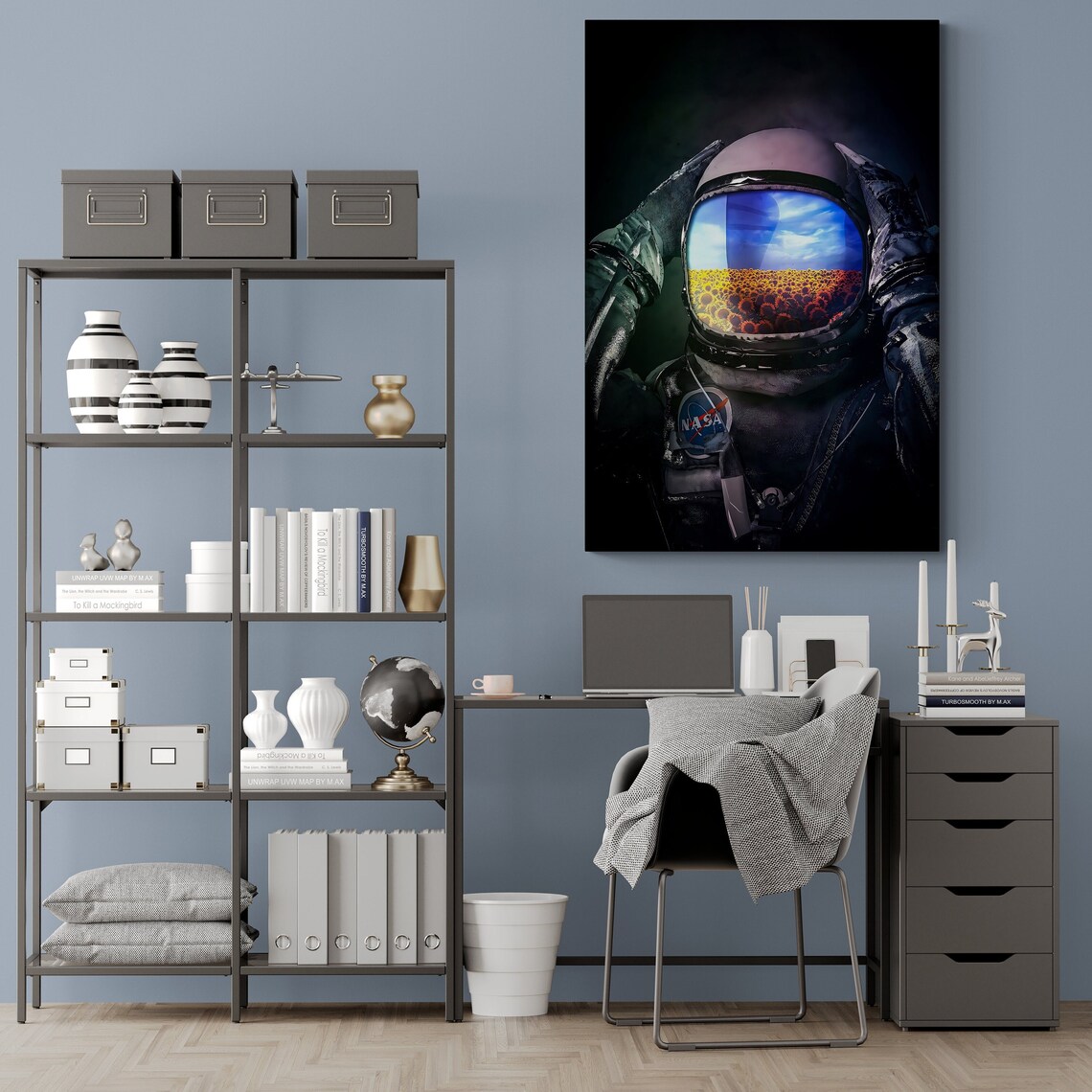 Astronaut Standing In Sunflower Field Blue Sky Surreal Wall Art - Image 2