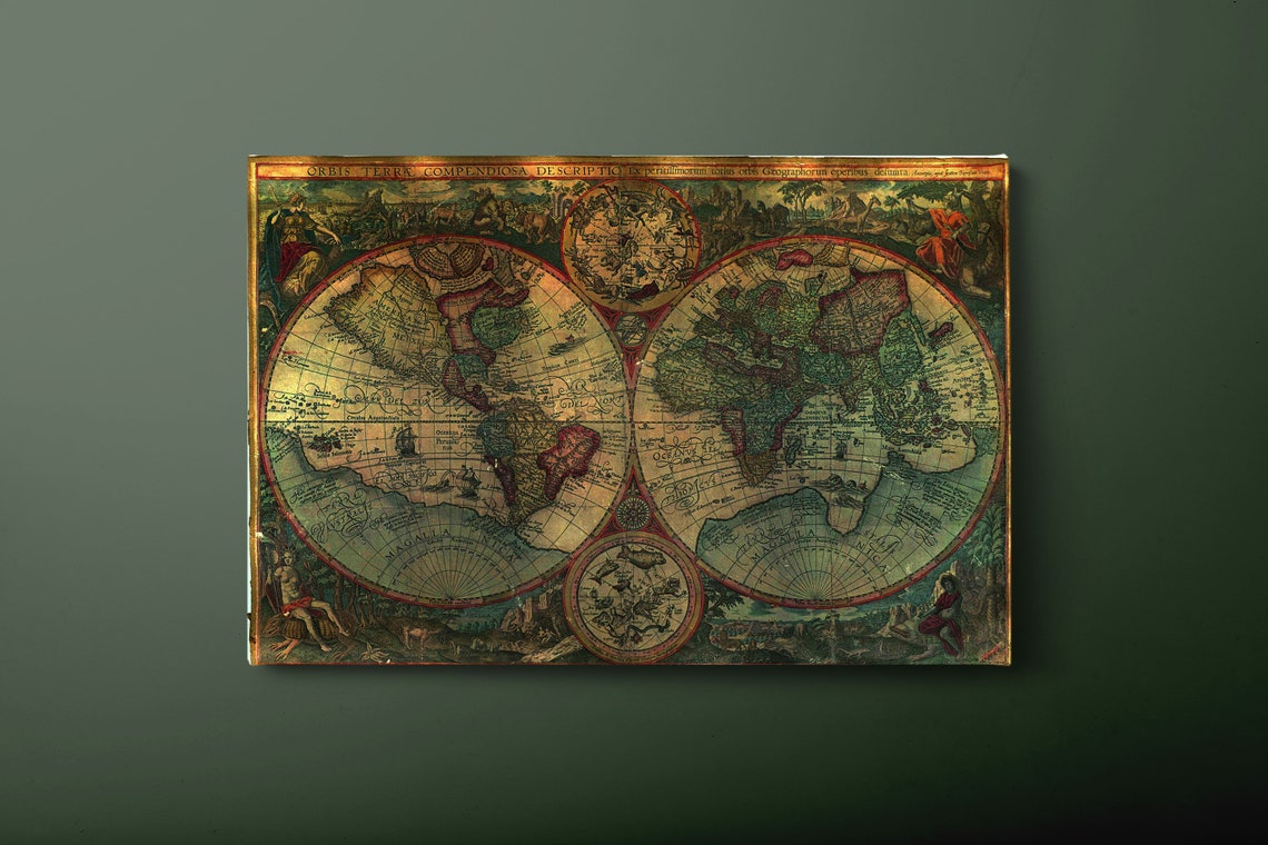 Vintage Double Hemisphere World Map Antique Cartography Wall Art Print