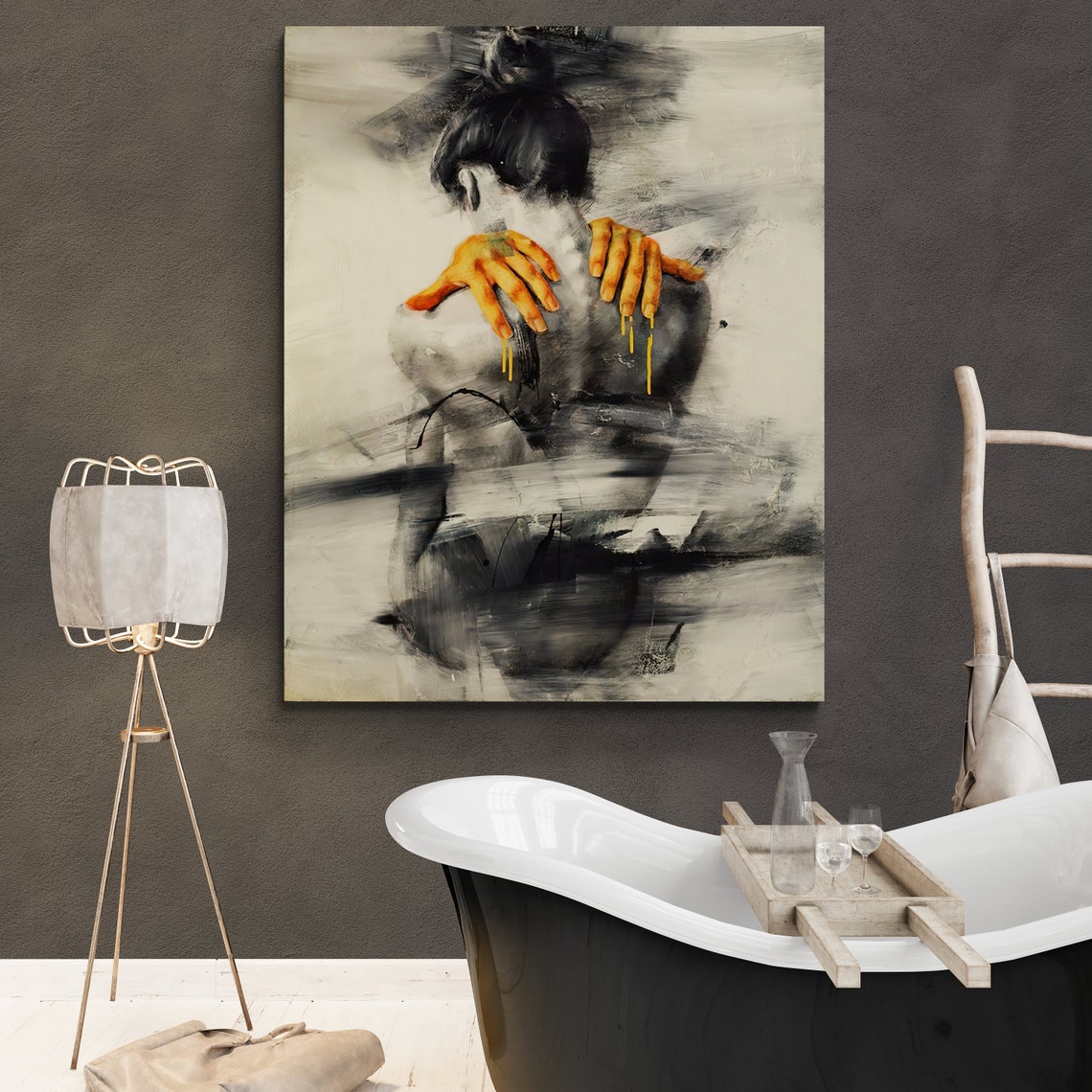 Abstract Woman From Behind Golden Hands Dark Paint Drip Figure Art - Image 3