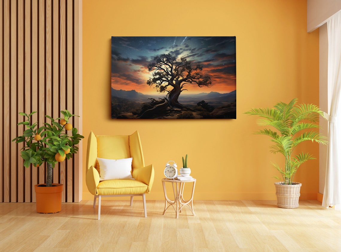 Lone Twisted Tree On Desert Hill At Starry Sunset Landscape Poster - Image 2