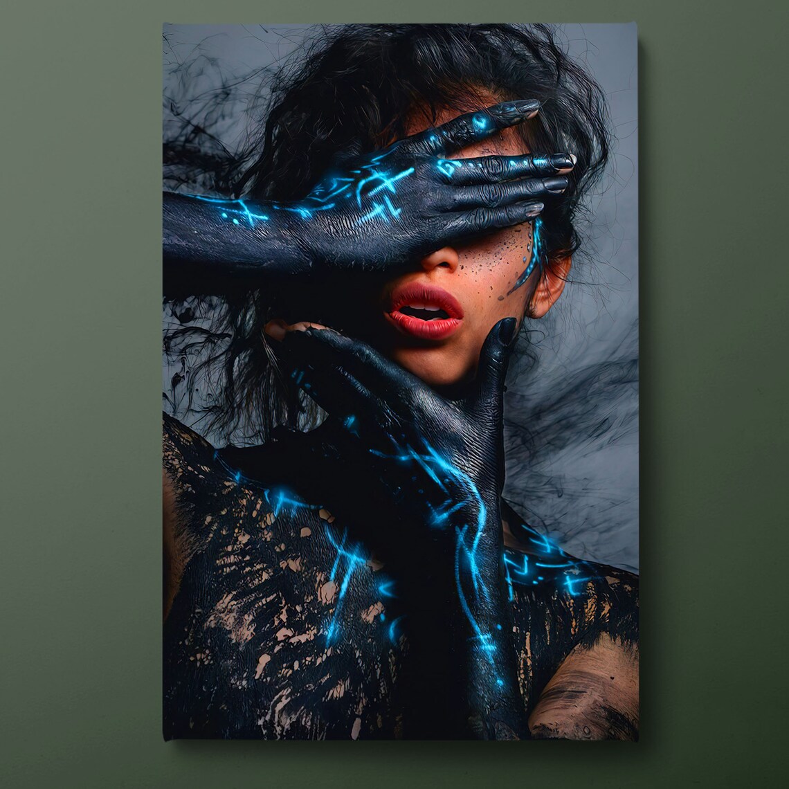 Mystical Woman With Blue Painted Hands Covering Face Smoky Portrait Art