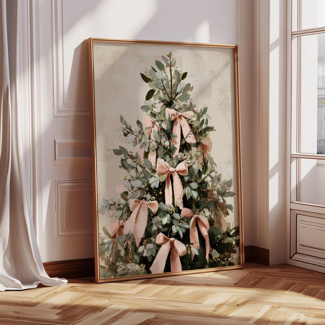 Christmas Tree Pink Bows Eucalyptus Vintage Holiday Painting Wall Art