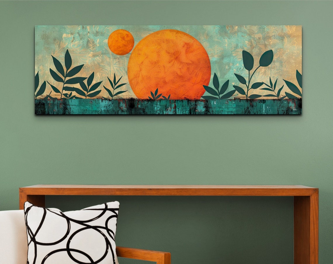 Twin Orange Suns Botanical Silhouette Teal Mid Century Modern Wall Art