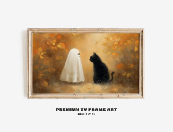 Halloween Frame Tv Art Vintage Black Cat Painting Neutral Spooky Samsung Decor Textured Oil Style