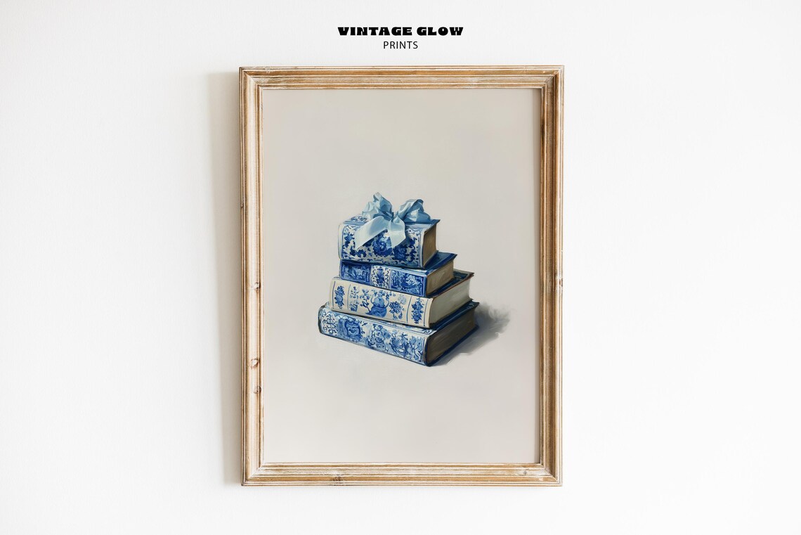 Blue Chinoiserie Floral Book Print, Minimalist Decor