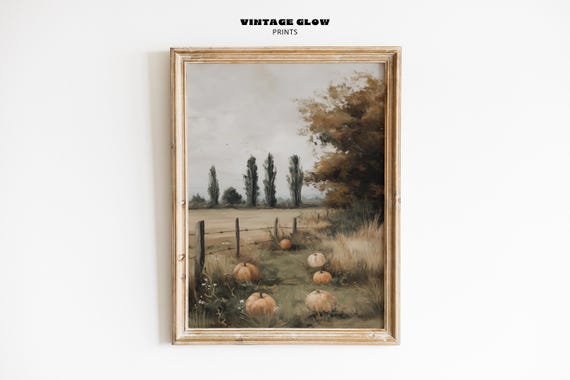 Rustic Pumpkin Field Fall Print Vintage Autumn Harvest Landscape Country Farmhouse Wall Art V367