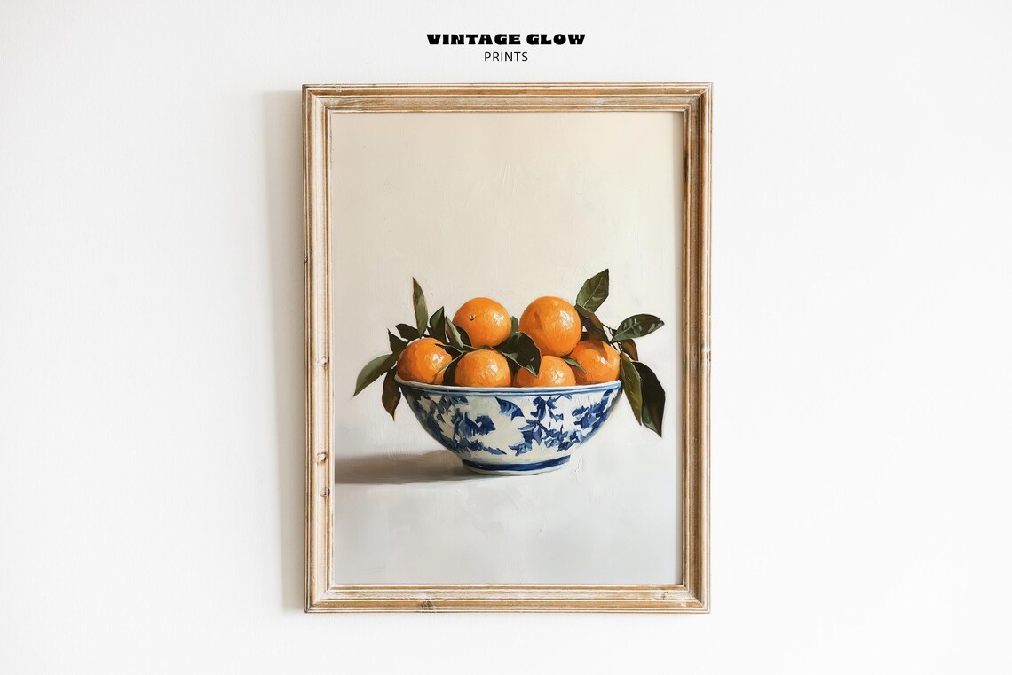 Oranges In A Bowl Vintage Oil Print, Kitchen Decor