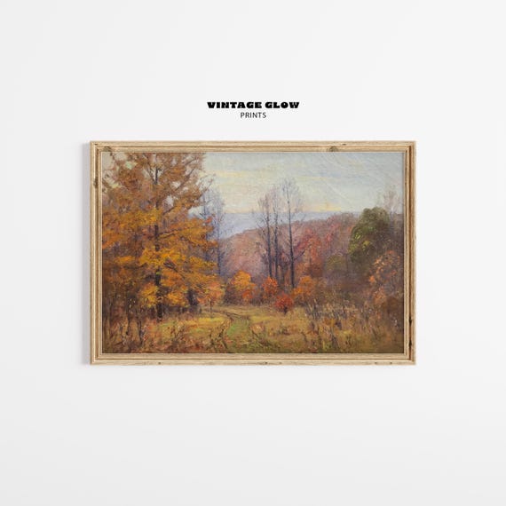 Vintage Rustic Fall Landscape Print Autumn Countryside Scene Wall Art Moody Farmhouse Painting V465