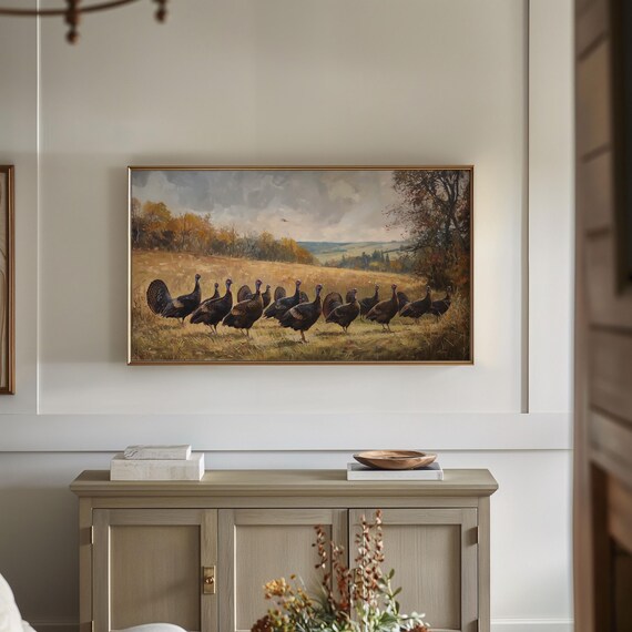 Wild Turkeys Autumn Countryside Golden Field Vintage Art Poster