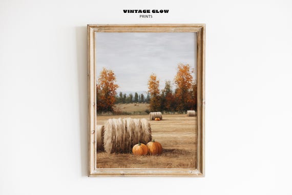 Vintage Autumn Harvest Hayfield Print Rustic Farmhouse Pumpkin Wall Art Cozy Country Fall Landscape Decor Instant