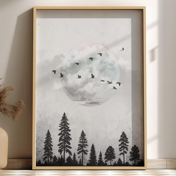 White Moon Forest Wall Art Minimalist Nature Poster Bird Silhouette Landscape Print Monochrome Home Decor