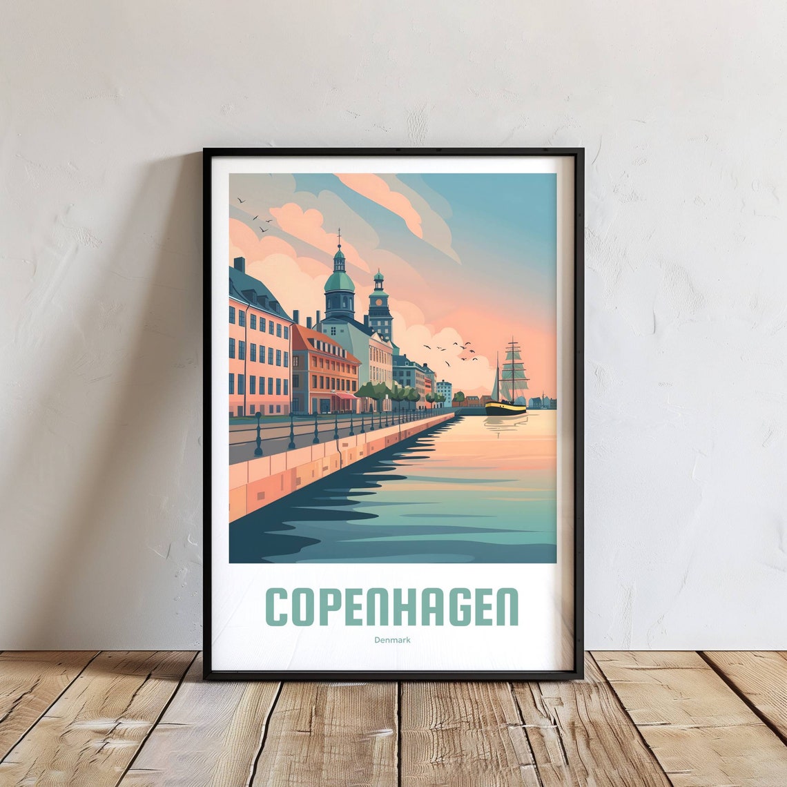 Copenhagen Denmark Nyhavn Waterfront Sailboat Scene Travel Poster - Image 2