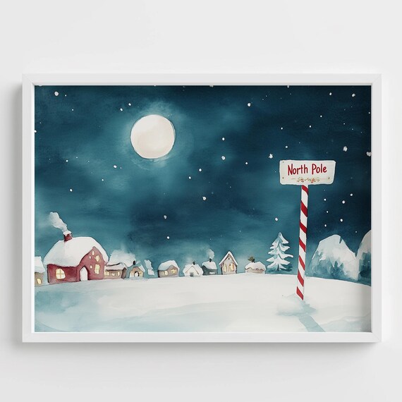 North Pole Sign Candy Cane Pole Snowy Village Night Watercolor Poster