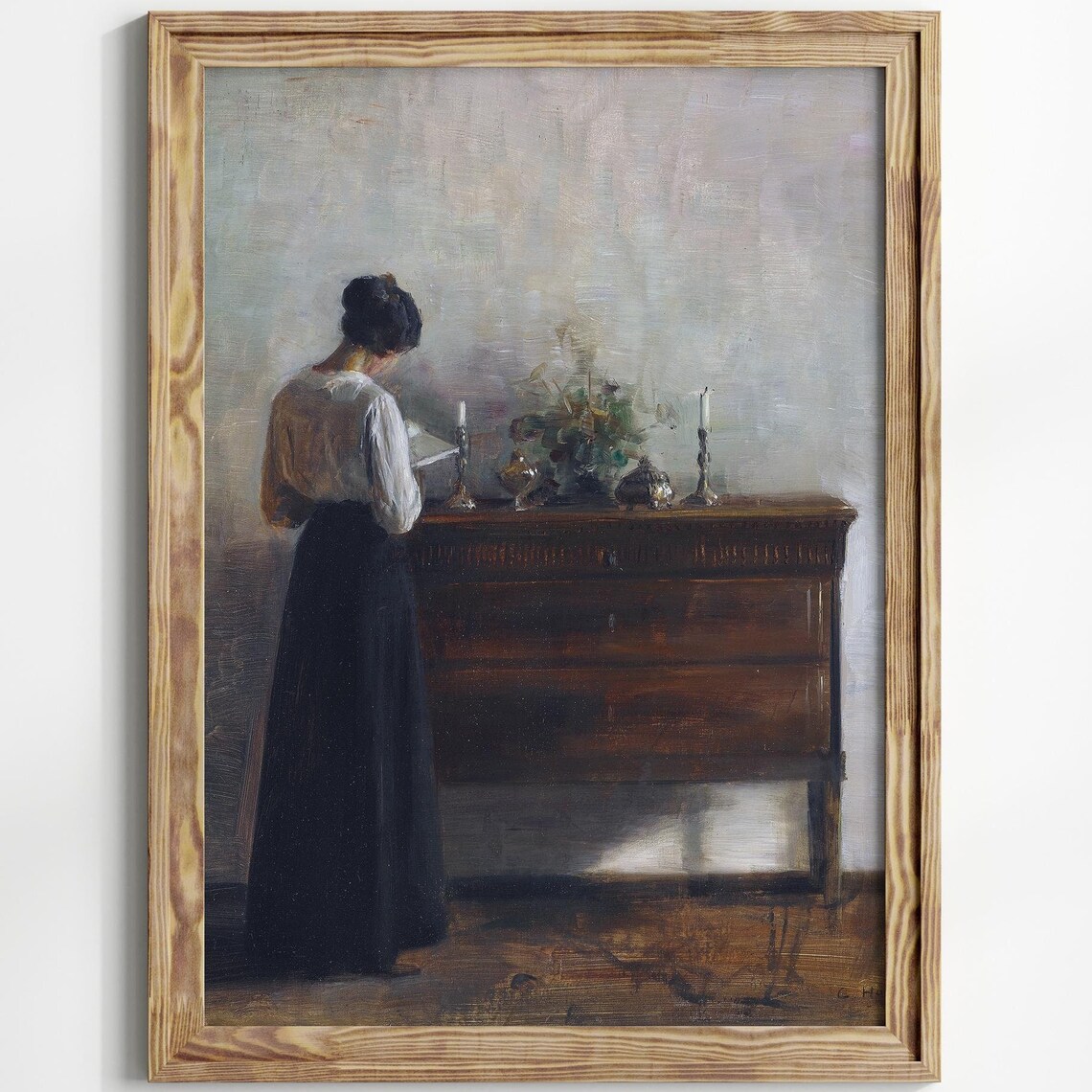 Vintage Woman Reading By Candlelight Antique Interior Oil Art Poster