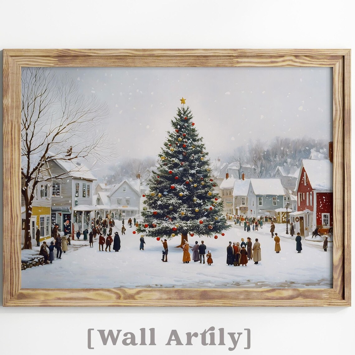 Snowy Village Square Giant Christmas Tree Vintage Holiday Poster
